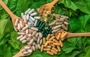 capsules herb supplements on green leaves backgrou 2023 11 27 05 04 31 utc